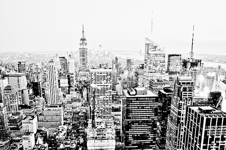 aèria, escala de grisos, fotos, alta, augment, edificis, Nova york
