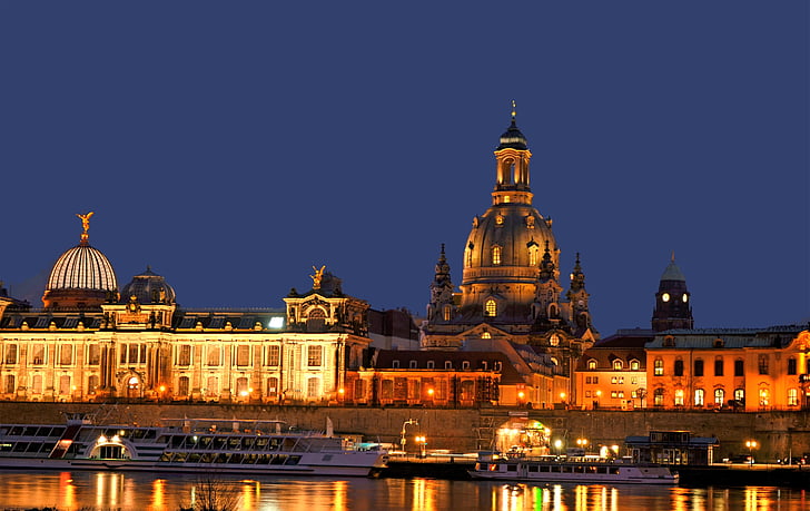 Dresden, Elbe, Frauenkirche, solnedgang, historiske gamlebyen, nattvisning, Sachsen