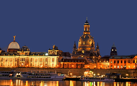 Dresden, Elbe, Frauenkirche, Sonnenuntergang, historische Altstadt, Nachtansicht, Sachsen