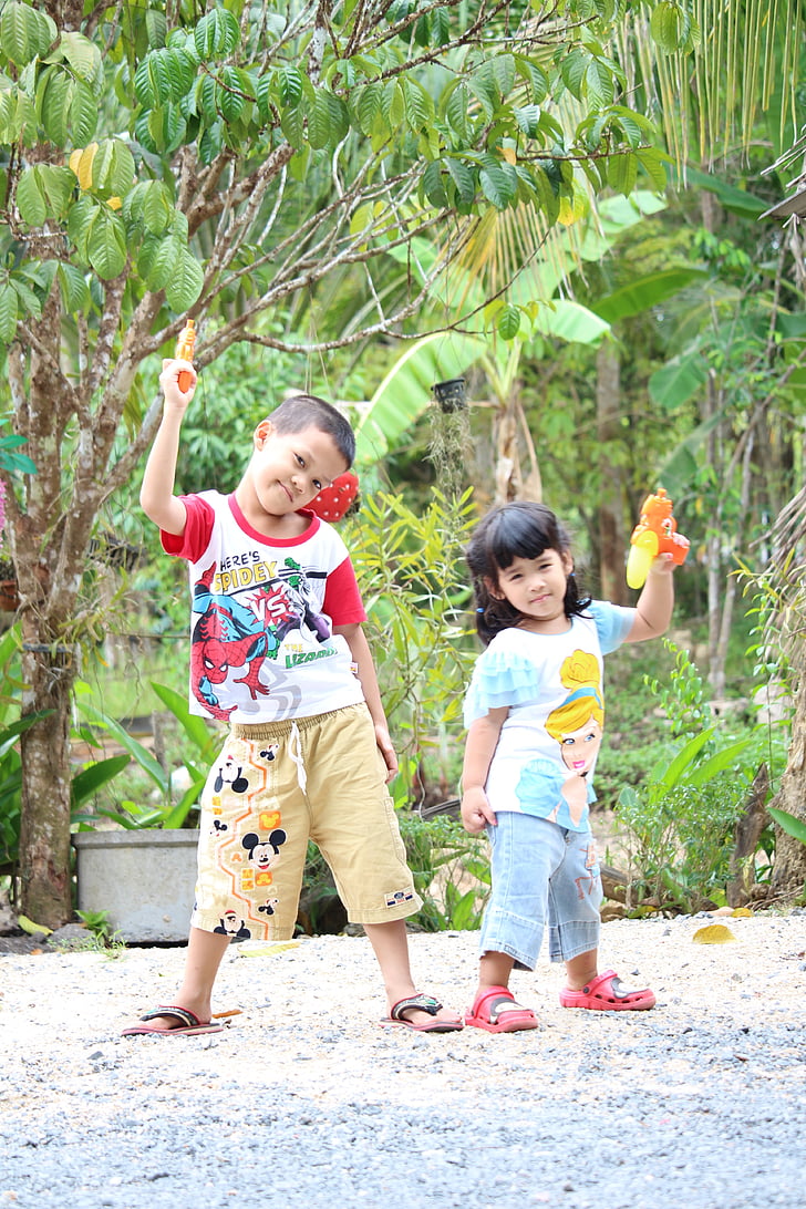 trẻ em Thái Lan, Cô bé, Cậu bé, chơi, trò chơi, watergun, trẻ em