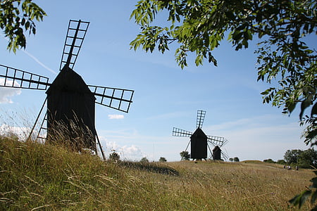 mlyn, Švédsko, Öland, Veterný mlyn, vidieka scény, Príroda, kultúr