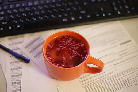 drink, drikkevand, hindbær, arbejdspladsen, orange cup, frugt te, pause