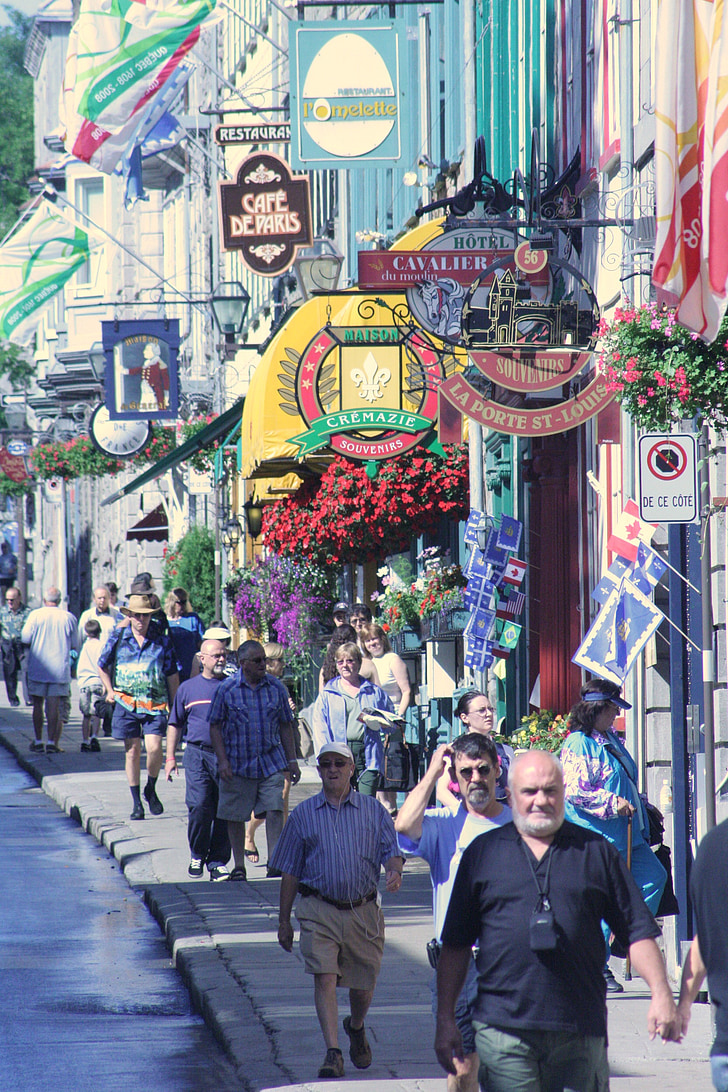 quebec, city, people, street, stores, shops, canada