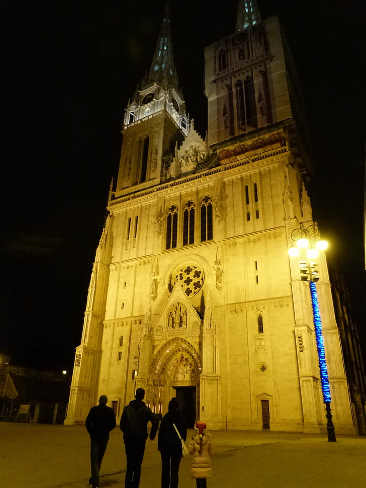Katedrala, noć, svjetla, Europski, povijesne, arhitektura, poznati mjesto