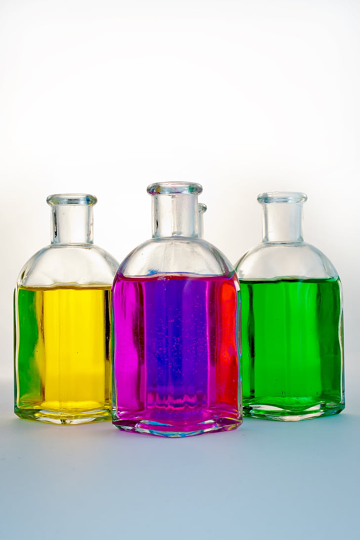 bottles, colorful, glass, color, blue, red, yellow