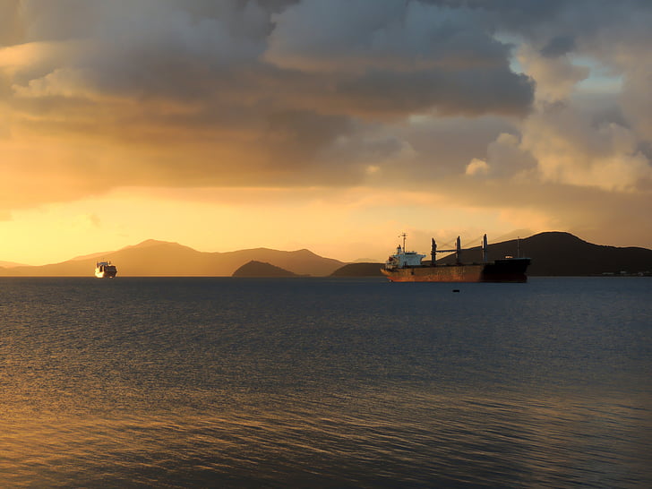 tanker, sea, transport, water, mountains, freight, sunset