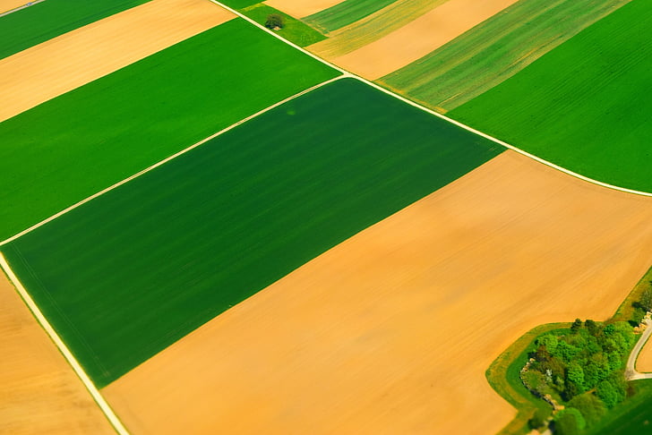 polja, obradivo, Poljoprivreda, zelena, žuta, pogled iz zraka, sportski