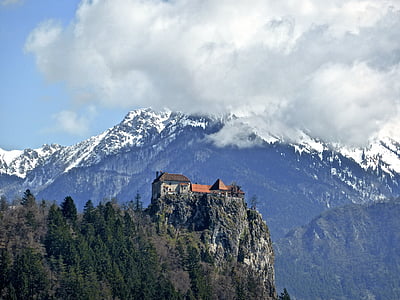 castle, mountains, hilltop, historic, attraction, medieval, bled