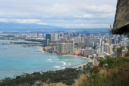 Waikiki beach, Diamond head, Honolulu, Hawaii, Oahu, okeāns, ūdens