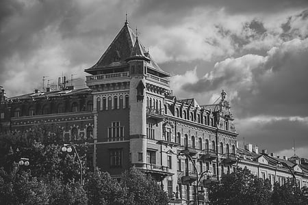 architecture, black-and-white, building, clouds