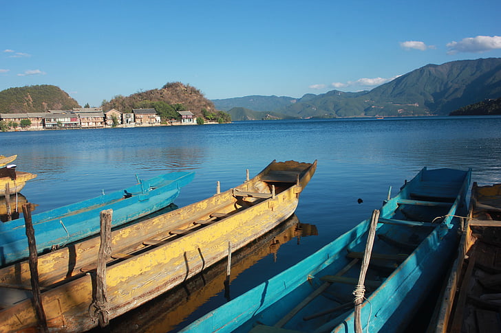 blauwe hemel, hemel, schip, Lijiang, Lugu lake, het landschap, landschap