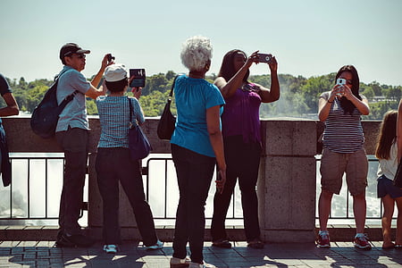 people, taking, picture, bridge, daytime, men, women