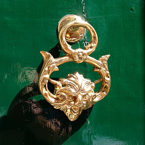 door, knocker, brass, ornate, green, knock
