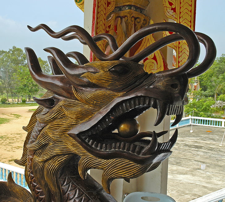 cabeza de dragón, Dragones, madera, talla, Tailandia, Asia, culturas