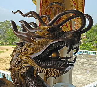 dragon's head, dragons, wood, carving, thailand, asia, cultures