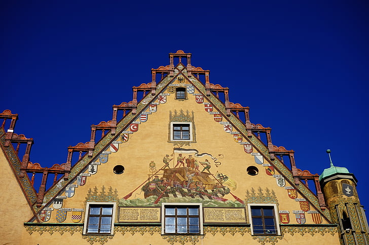 home, building, town hall, ulm, facade, yellow, painting