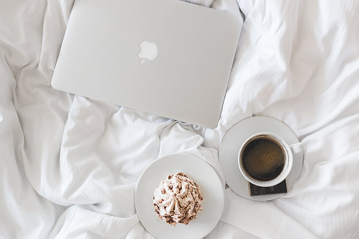 coffee, cup, apple, laptop, working, bed, bedroom