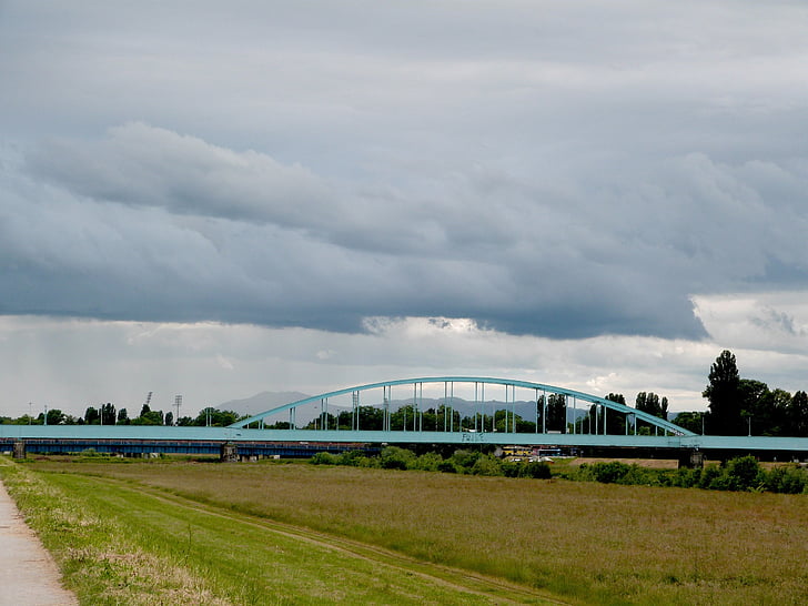 bridge, city, sky, clouds, view