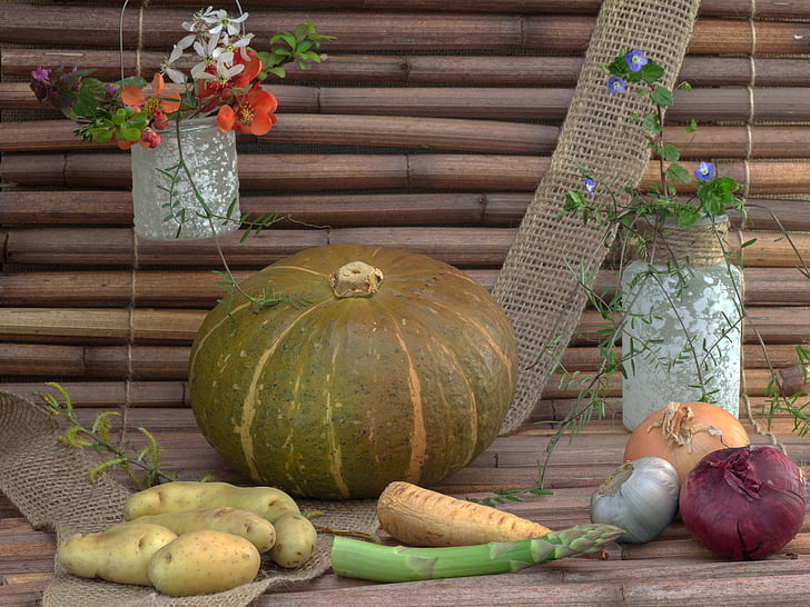 pumpkin, still life, vegetables, flowers, asparagus