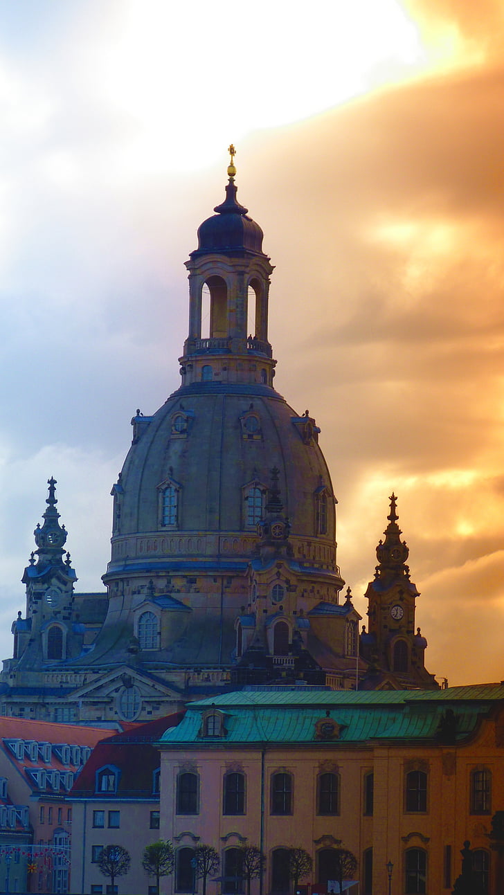 Dresden, Frauenkirche, Steeple, byggnad, motljus, gradient filter