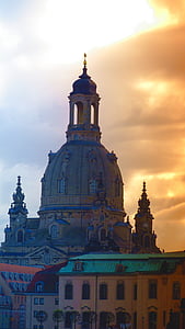 Dresden, Frauenkirche, campanário, edifício, luz de volta, filtro gradiente