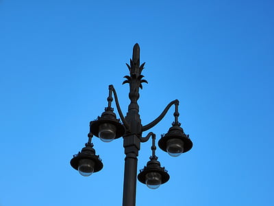 pouličná lampa, modrá obloha, železo, kovanie, pouličné svetlá, Elektrická lampa, Sky