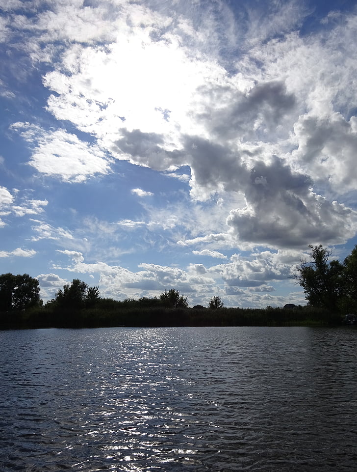 lake, sky, cloudiness, brandenburg, sun, water, bank