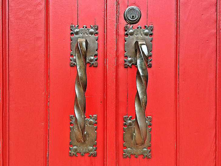 uks, punane, käepide, vana, sissepääs, ees, arhitektuur