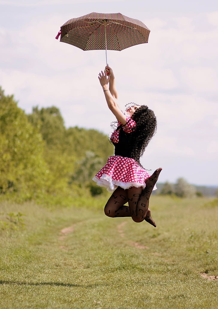 girl, umbrella, bounce, flight, dress, beauty, outdoors