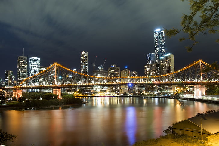 berättelsen bridge, Brisbane, natt, lampor, floden, Urban, vatten