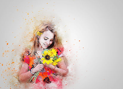 Gadis, bunga matahari, Bahagia, rambut, seni, abstrak, mode