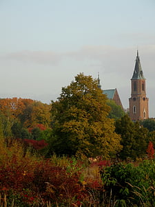 Олкушки, Полша, пейзаж, дърво, вечерта, Есен, кула