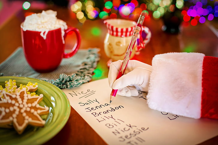 Ziemassvētku vecīša saraksts, nerātns vai jauku, Ziemassvētku vecīša roku, Ziemassvētki, Santa, brīvdiena, Priecīgus