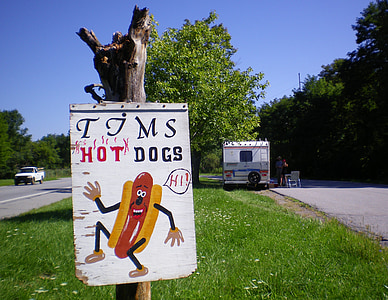 hot dogs, road sign, roadsign, trailer, food truck, appalachian trail, roadside