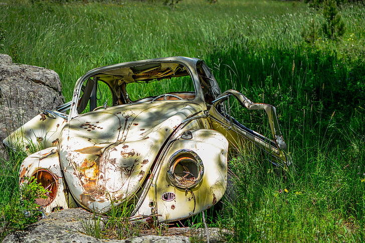 abandoned, beetle, car, classic, grass, outdoors, rusty