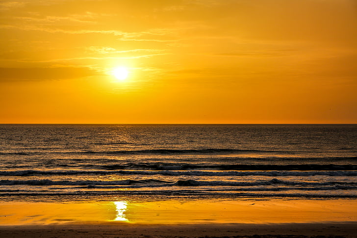 pludmale, saulriets, saule, apelsīnu debesis, vakarā, jūra, daba