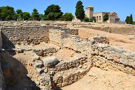 Starodávné ruiny, ruiny empúries, empãºries, Costa brava, starobylé město, Středomořská, Španělsko