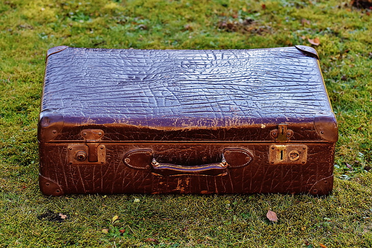 bagage, Antik, läder, gammal resväska, skräppost, generationer, gräs