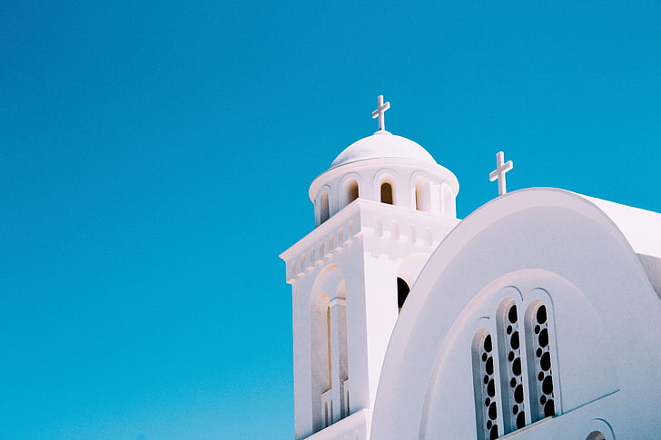 Белый, Церковь, Крест, белое здание, Голубое небо, Религия, купол