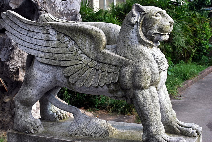statue, mythology, creature, bird, lion, animal, sculpture
