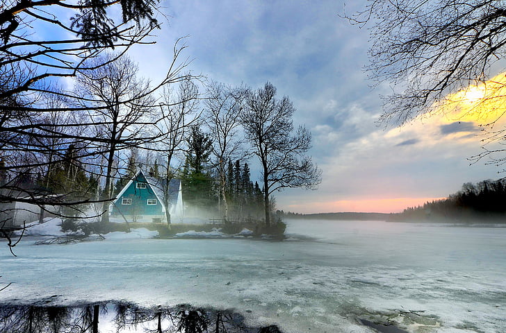 winter landscape, ice, water, clouds, sunset, trees, house