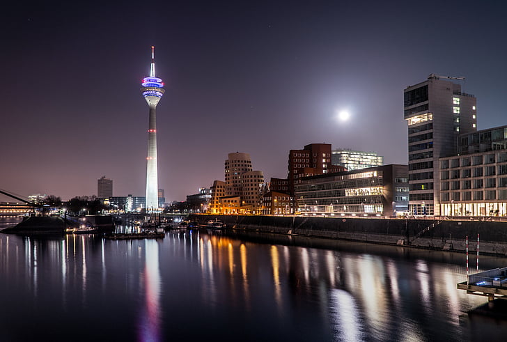 Düsseldorf, Media harbour, arkitektur, moderna, hamn, fasad, byggnad