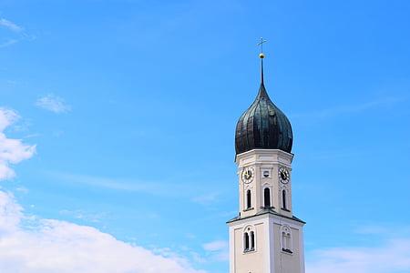 kostelní věž, obloha, kostel, mraky, modrá, budova, náboženství