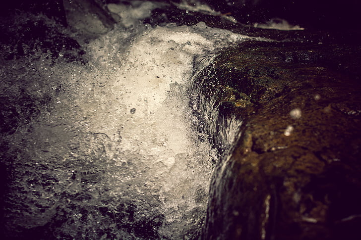 splash, waterfall, stones, mountains, water, rock, nature