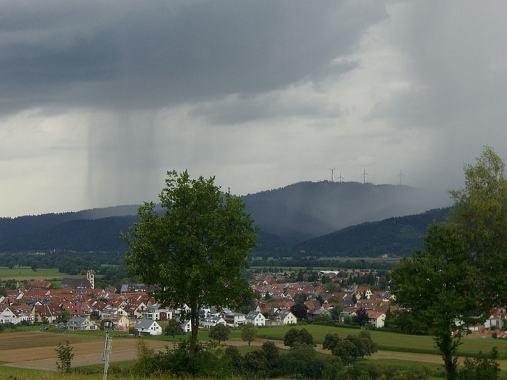 Cortina de ploaie, grigoras, gewitterstimmung, Kirchzarten, Pădurea Neagră, nori de ploaie, ploaie torenţială