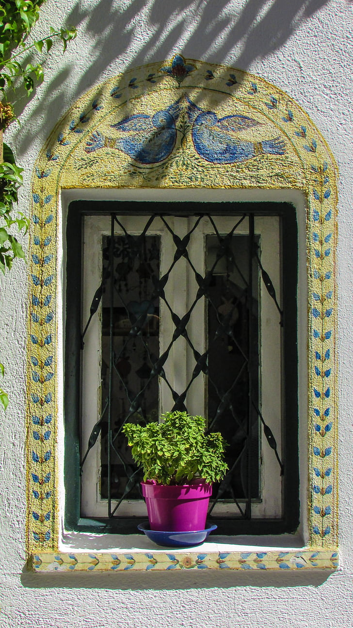 window, flower pot, painting, colors, house, island, greek