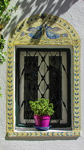 okno, cvetlični lonec, slikarstvo, barve, hiša, otok, grščina