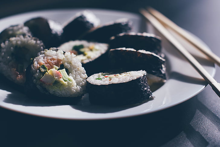 asian food, chopsticks, food, japanese food, meal, sushi, seafood