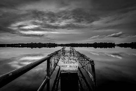 lake, water, reflections, black and white, pier, dock, abandoned