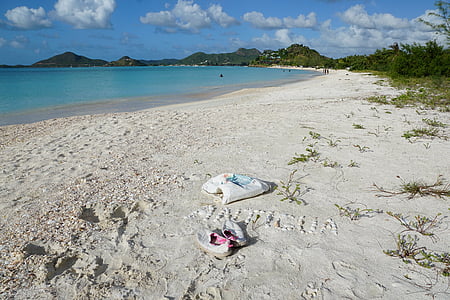 Antigua, Caraïben, weg, muzikant, schoenen, tas, wit